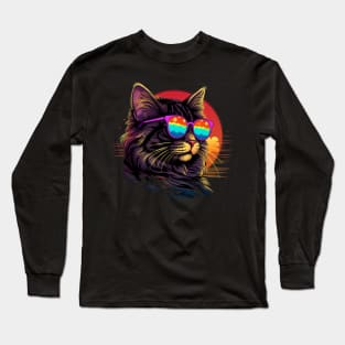 Retro Wave Bobtail Cat Shirt Long Sleeve T-Shirt